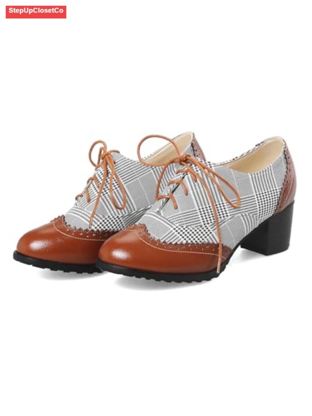 Women's Retro Wingtip Oxfords Lace Up Block Heel Chunky High Heels Round Toe